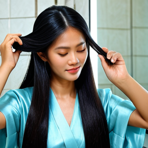 Home 14 **
"A Thai woman with long, healthy black hair, fully clothed in a traditional silk dress, gently applying hair essence to the ends of her hair in a bright, modern bathroom. Safe for work, appropriate content, fully clothed, professional lighting, perfect anatomy, natural proportions, modest, family-friendly, high-quality image showcasing healthy hair."
**