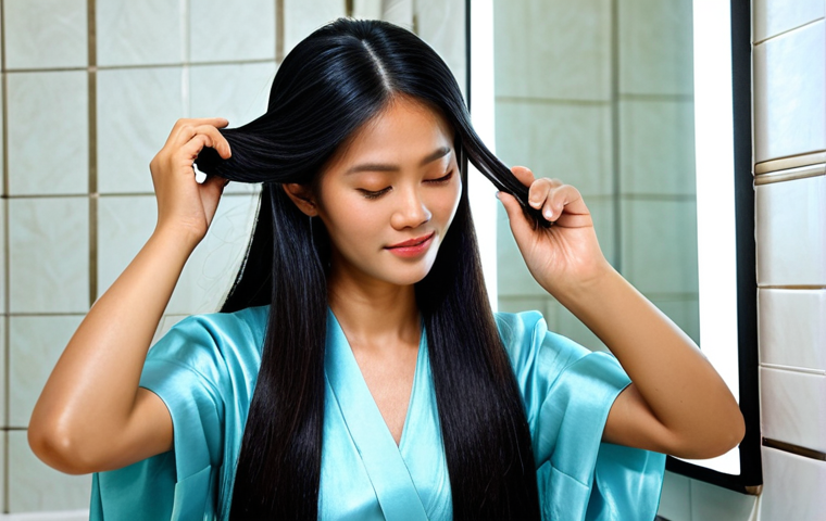 **
"A Thai woman with long, healthy black hair, fully clothed in a traditional silk dress, gently applying hair essence to the ends of her hair in a bright, modern bathroom. Safe for work, appropriate content, fully clothed, professional lighting, perfect anatomy, natural proportions, modest, family-friendly, high-quality image showcasing healthy hair."
**